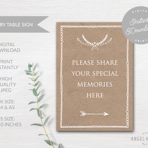 INSTANT DOWNLOAD Printable Kraft &#39;Share Your Special Memories&#39; Sign - For Funeral, Celebration of Life, Memory Table, Condolence Book