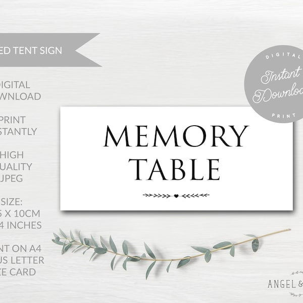 INSTANT DOWNLOAD Printable White 'Memory Table' Sign - For Funeral, Celebration of Life, Condolence Book