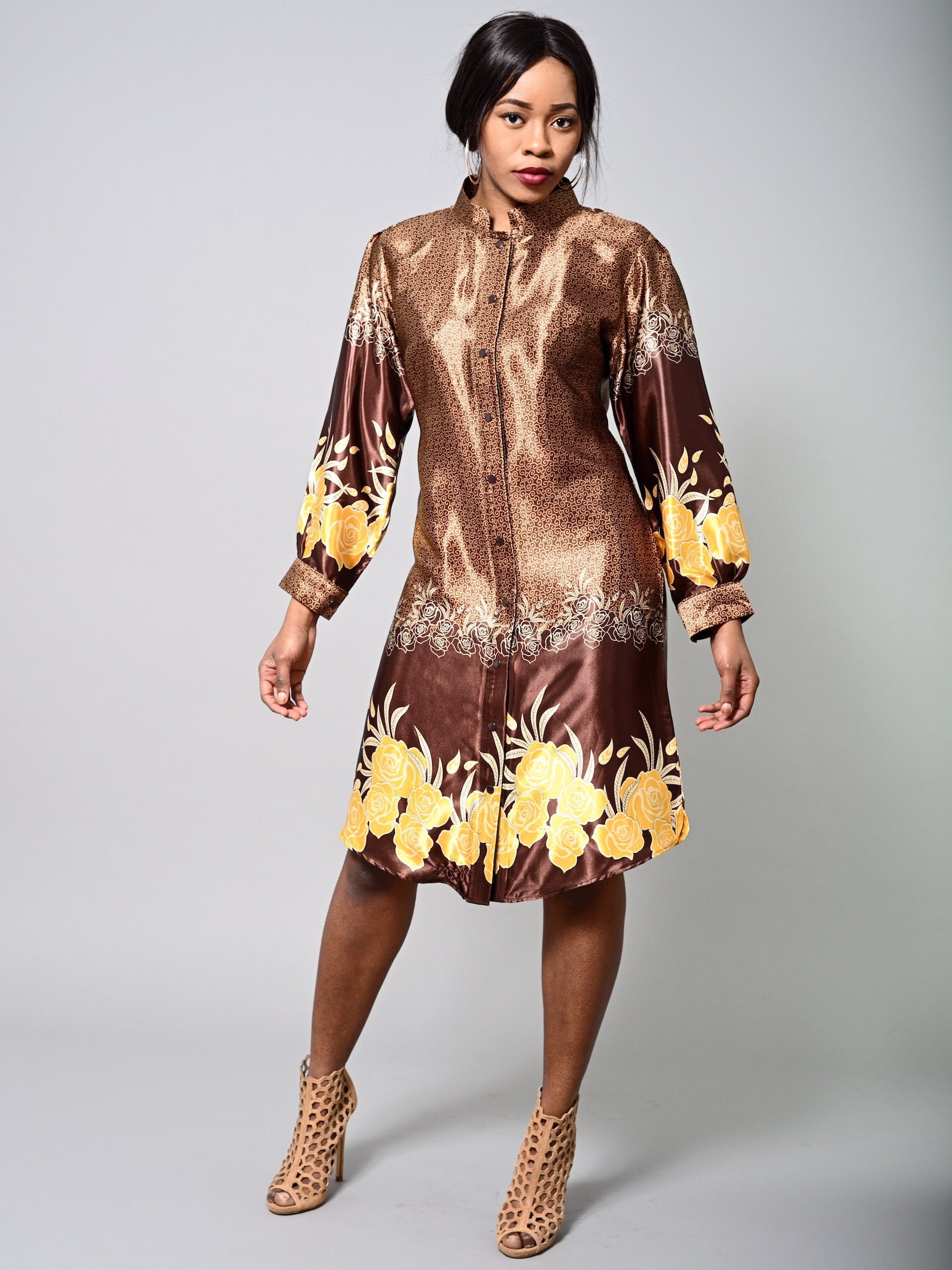 brown satin shirt dress