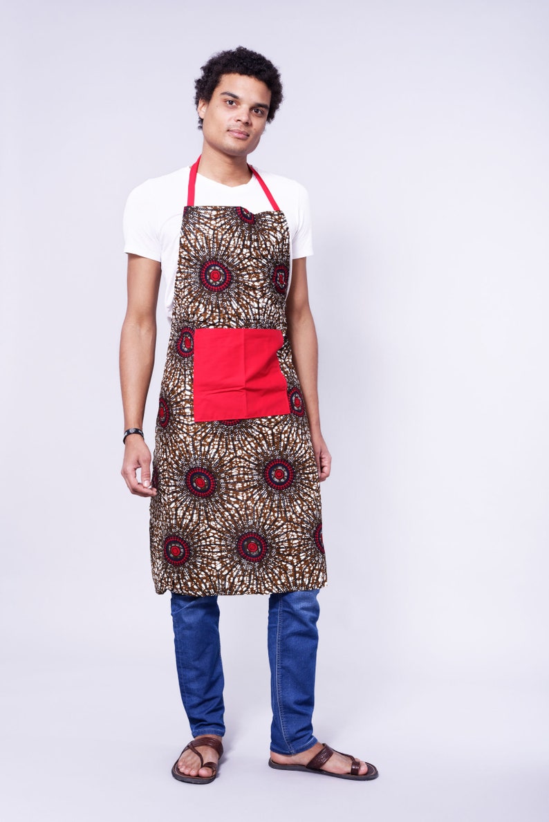 Brown Apron with red pocket African print kitchen apron / Etsy