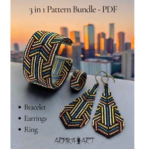 May include: A 3 in 1 Pattern Bundle PDF featuring a beaded cuff bracelet, a ring, and a pair of drop earrings. Each piece displays a geometric pattern in black, yellow, blue, and orange beads. The text reads 3 in 1 Pattern Bundle - PDF, Bracelet, Earrings, Ring, and ARNIKA ART.