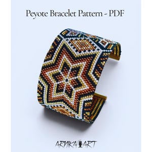 May include: A wide, beaded peyote bracelet with a geometric star pattern in shades of gold, brown, white, and navy blue. The bracelet is open-ended and has a gold-colored metal frame. Text at the top reads "Peyote Bracelet Pattern - PDF".