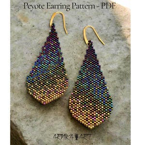 May include: A pair of teardrop-shaped earrings crafted with iridescent, multi-colored beads in a peyote stitch pattern, featuring gold-tone ear wires. The text 'Peyote Earring Pattern - PDF' and 'ARNIKA ART' is visible at the top and bottom.