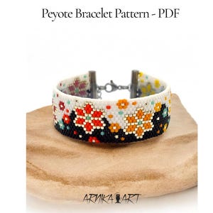 May include: A peyote bracelet pattern PDF featuring a beaded cuff with a white background, black base, and floral motifs in orange, red, and teal. The bracelet includes a metal clasp and the text Peyote Bracelet Pattern - PDF and ARNIKA ART.
