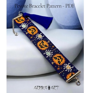 May include: A beaded peyote bracelet pattern PDF titled Peyote Bracelet Pattern - PDF. The bracelet features a dark blue background with orange jack-o'-lanterns and white spider motifs, finished with a blue tassel and silver-tone metal hardware.