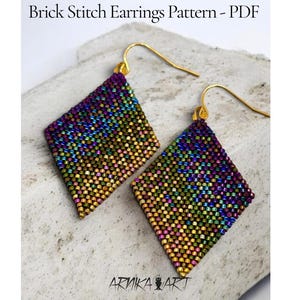 May include: A pair of diamond-shaped earrings crafted with a brick stitch bead pattern in iridescent shades of purple, blue, green, and gold. The earrings feature gold-tone metal ear wires. The text Brick Stitch Earrings Pattern - PDF is visible.