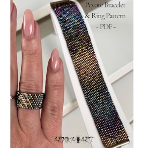 May include: A peyote bracelet and ring set featuring a multi-coloured iridescent bead pattern with dark, gold, and blue tones. The text "Peyote Bracelet & Ring Pattern - PDF -" is visible at the top, and "ARNIKA ART" is printed at the bottom.