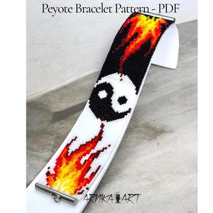 May include: A peyote bracelet pattern PDF featuring a yin-yang symbol centered on a white background. The design includes vibrant red, orange, and yellow flames extending from the top and bottom of the symbol. The text reads Peyote Bracelet Pattern - PDF.