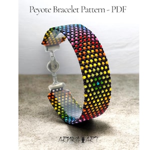 May include: A peyote bracelet pattern PDF featuring a beaded bracelet with a rainbow gradient design on a black background. The bracelet displays a spectrum of colours including red, orange, yellow, green, blue, and purple beads. The text reads Peyote Bracelet Pattern - PDF and ARNIKA ART.
