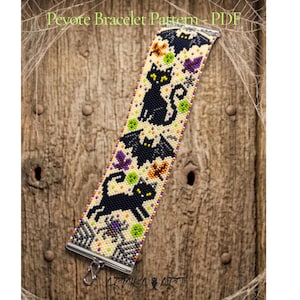 May include: A peyote bracelet pattern PDF featuring a beaded design with black cats, bats, spiders, and autumn leaves in orange, purple, and green on a cream background. The text Peyote Bracelet Pattern - PDF is visible at the top of the image.