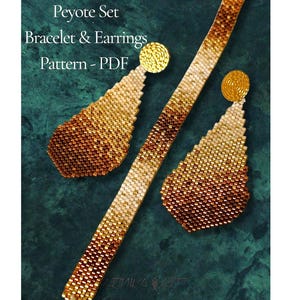 May include: A Peyote Set Bracelet & Earrings Pattern - PDF featuring a beaded bracelet and two teardrop-shaped earrings. The jewelry pieces display a gradient color transition from light cream to dark brown, accented with gold circular studs.