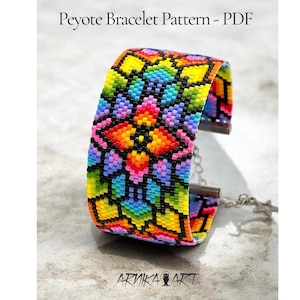May include: A wide peyote bracelet featuring a vibrant geometric pattern in rainbow colours including red, orange, yellow, green, blue, and purple, accented with black beads. The text "Peyote Bracelet Pattern - PDF" and "ARNIKA ART" are visible.