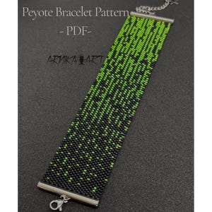 May include: A peyote bracelet pattern PDF featuring a rectangular beaded band with a matrix-style design of neon green and black beads. The bracelet has silver-toned metal end bars and a lobster claw clasp. Text reads Peyote Bracelet Pattern - PDF - ARNIKA ART.