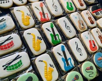 Music Festival Colorful Sugar Cookies, Violin, Piano, Guitar, Drum, Saxophone Cookies, Orchestra, Band celebrations.