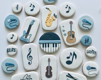 Music Concert Sugar Cookies, Music Instruments, Violin, Piano, Guitar, Drum, Saxophone Cookies, Orchestra, Band celebrations. 2 dozens.
