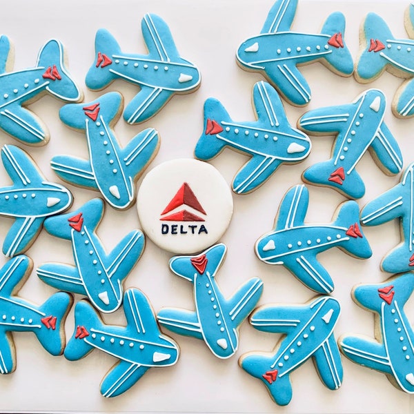 DELTA Airplane Sugar Cookies, Pilot Gift, Baby Shower, Airplane, Travel Birthday Parties, Sugar Cookies for Pilot Parties and Aviators.