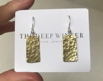 Hand Hammered Brass, Dangle Earrings, 925 Silver Hooks