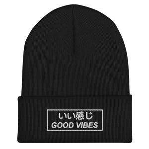 Good Vibes Japanese Kanji Embroidered Cuffed Beanie