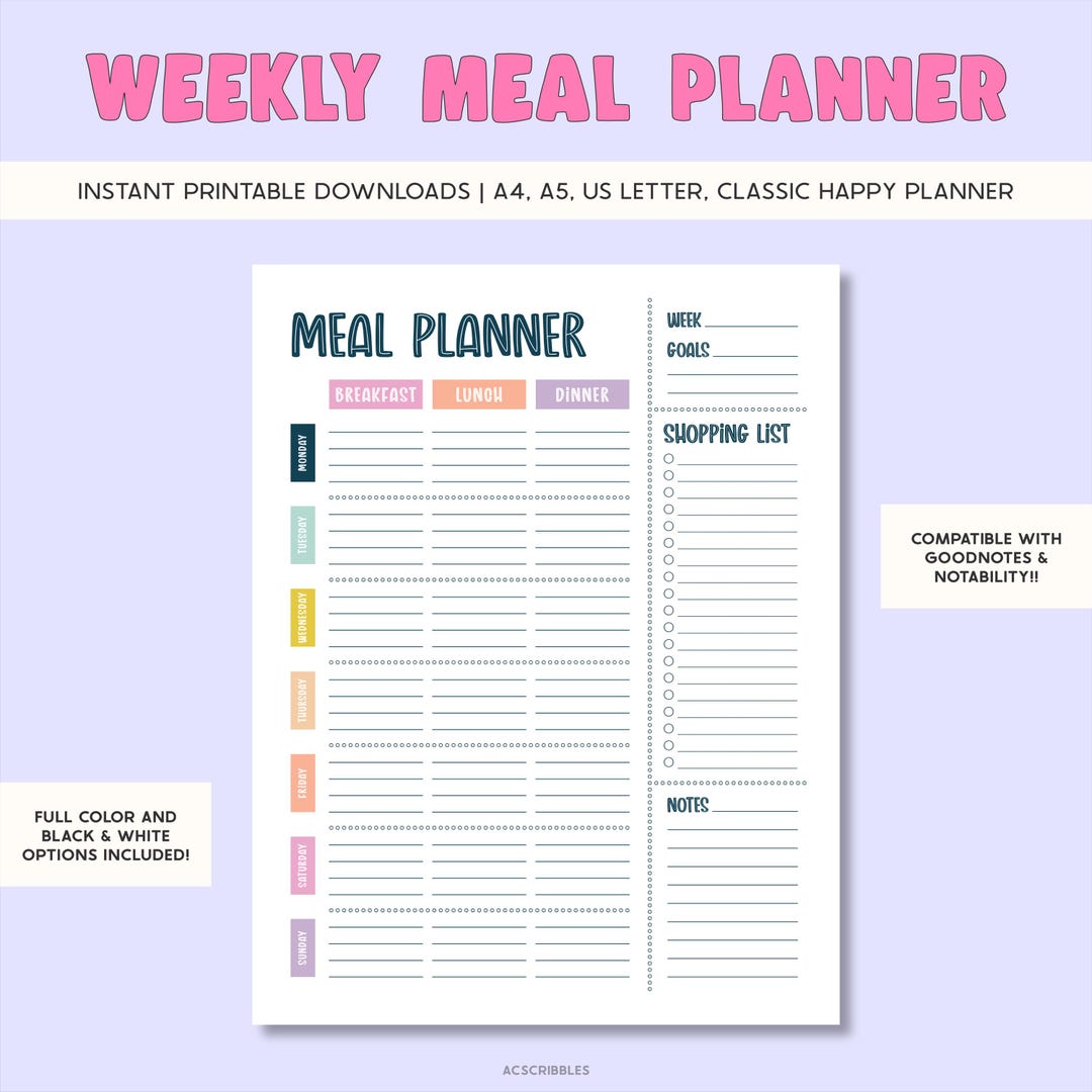 Weekly Meal Planner Printable: Digital Download for Goodnotes ...