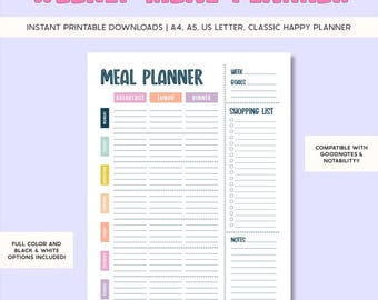 Weekly Meal Planner Printable: Digital Download for Goodnotes, Notability (A4, A5, US Letter)