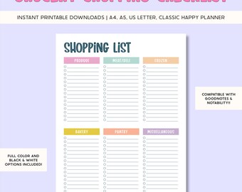 Printable Grocery Shopping List: Digital Planner Checklist (A4, A5, US Letter) (Digital Download)