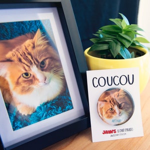 Peut inclure: Un bouton rond avec une photo rapprochée d'un chat roux aux yeux verts. Le bouton porte l'inscription "Coucou" et "Jaws Le Chat (Pirate)". Le bouton est présenté sur une carte blanche avec le texte "Arthur" imprimé dessus.