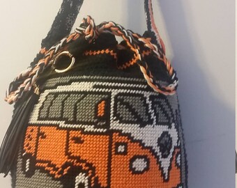 Vintage bus crocheted Mochila Style Hobo Bag