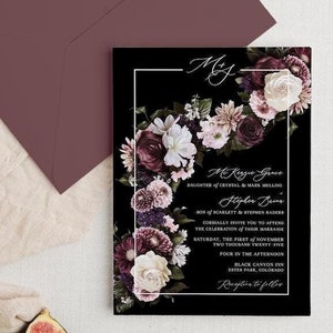 Dunkel und Moody Blumenhochzeits-Einladung | Burgunder Hochzeitseinladung | Florale Hochzeitseinladung | 5 Teiliges Einladungs Set