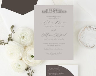 May include: A wedding invitation suite with a gray background and a line drawing of a building. The invitation reads "You are cordially invited to the wedding of Elaine Marie and Marco Rafael" and includes the date and time of the wedding. The RSVP card reads "Will you be there?" and includes a space for guests to RSVP.