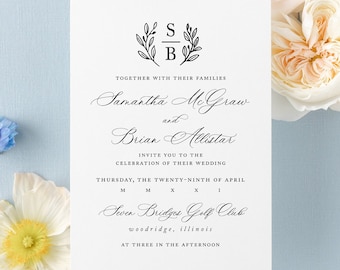 Modern Monogram Wedding Invitation | Line Drawn Greenery Wedding Invitation