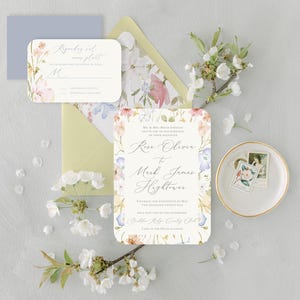 Floral Wedding Invitation | Spring Invitation | Watercolor Florals | Full Wedding Suite | Rounded Corners | Romantic Invitation