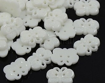 10 Acrylic Buttons, 2-Hole, Dyed, Butterfly, White, 18x14x3mm, Hole: 1mm, P-35