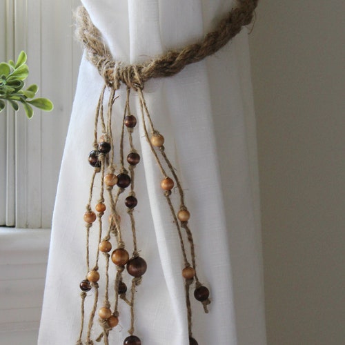 Boho Curtain Tie Backs With Wood Beads Etsy