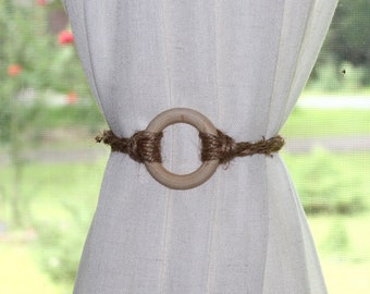 Boho chic rustic jute curtain tie backs with wooden ring
