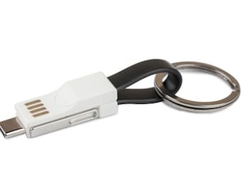 3 in 1 Portable Keyring Charging Cable - Dual Lightning and Micro USB Connector as well as an adaptor for USB Type-C