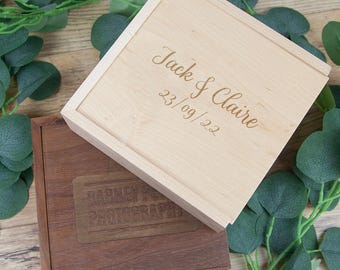 Photo Slide Box Square | Personalised Wooden Photo Box for 6x4 Prints, Engraved Photo Memory Box, Wedding Keepsake, Photographer Packaging