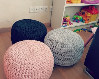 Knit Footstool Pouffe for Modern Nursery Decor Round Crochet Pouf Ottoman with Star Pale Blue Kids Floor Seating Toddler Birthday Gift