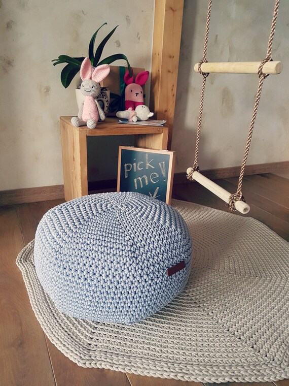 On Sale Light Blue Pouf Cover Crochet Footstool Pouf Bean Etsy