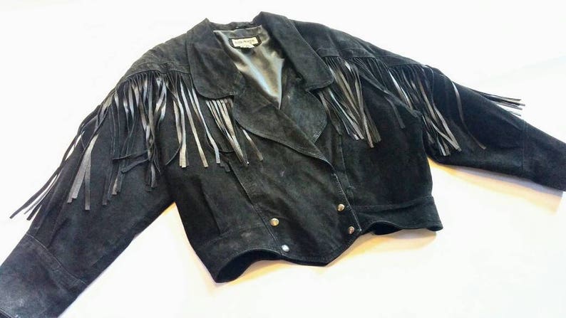 Vintage Fringed Black Suede Leather Jacket With Pockets Karin Morgan Large L Notched Lapels Double Ted Snap Southwestern 80s 90s