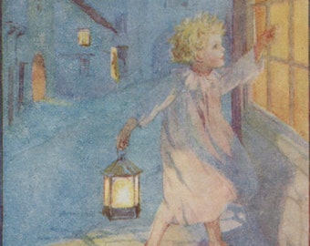 Vintage postcard: Wee Willie Winkie, artist Margaret Tarrant, publisher Medici, Nursery Rhymes series, 1930s, 90 x 140 mm