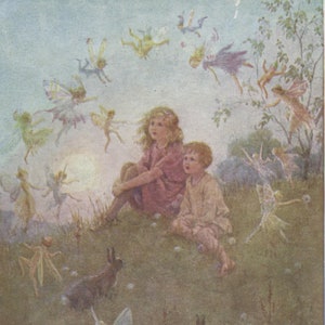 carte postale vintage de fées, croyez-vous aux fées ? Margaret Tarrant, enfants, fées volantes, lapins, carte Médicis, années 40, 89 x 140 mm