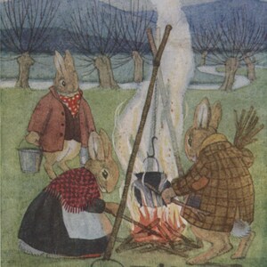 Carte postale vintage lapins en vêtements, Margaret Tempest, Le repas du soir, feu de camp, carte pour enfants, lapins, Médicis, années 30, 90 x 140 mm