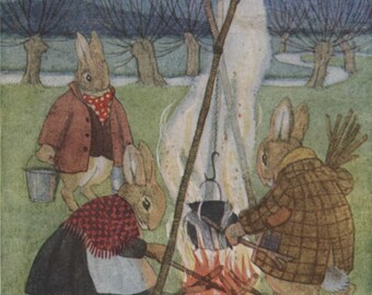 Vintage postcard: The Evening Meal, rabbits in clothes, artist Margaret Tempest, publisher Medici, 1930s, 90 x 140 mm