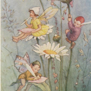 carte postale de fée vintage, lettre de lutin, Margaret Tarrant, marguerites, ailes de papillon, carte de Médicis, années 1940, 89 x 140 mm
