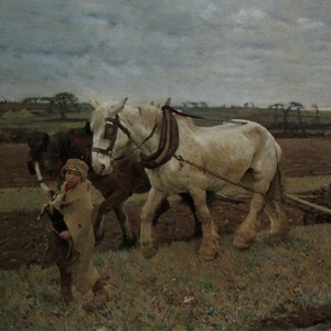 carte postale d'art vintage, Sir George Clausen, Labour (détail), chevaux au travail, garçon de labour, paysage rural, carte Médicis, années 1980, 151 x 105 mm