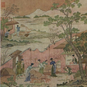 carte postale vintage, tapisserie de soie chinoise, ramassage et vannage de la récolte, carte Médicis vers 1930, 105 x 150 mm