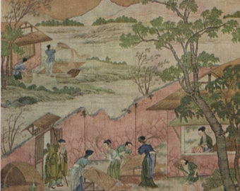 Vintage art postcard: Chinese silk tapestry, Garnering and Winnowing the Harvest, publisher Medici, c 1930s, 105 x 150 mm
