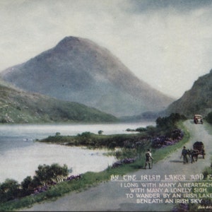 carte postale vintage d'Irlande, By the Irish Lakes and Fells, poème d'Eva Brennan, âne, charrette, bétail, carte d'art, Saint-Valentin, années 1940, 140 x 88 mm