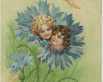 Antique postcard: cornflower angels, unknown artist, publisher Martin Schlesinger, 1902, 88 x 139 mm