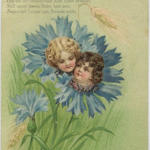 Anges bleuets, belle carte postale de voeux antique 1902, deux petites filles en fleurs bleues, dos indivis
